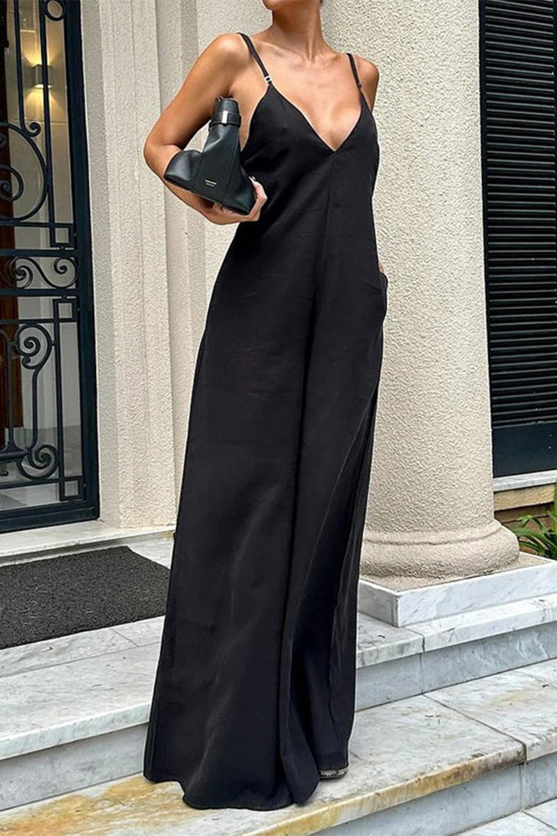 Sexy Simplicity Solid Pocket V Neck Loose Jumpsuits
