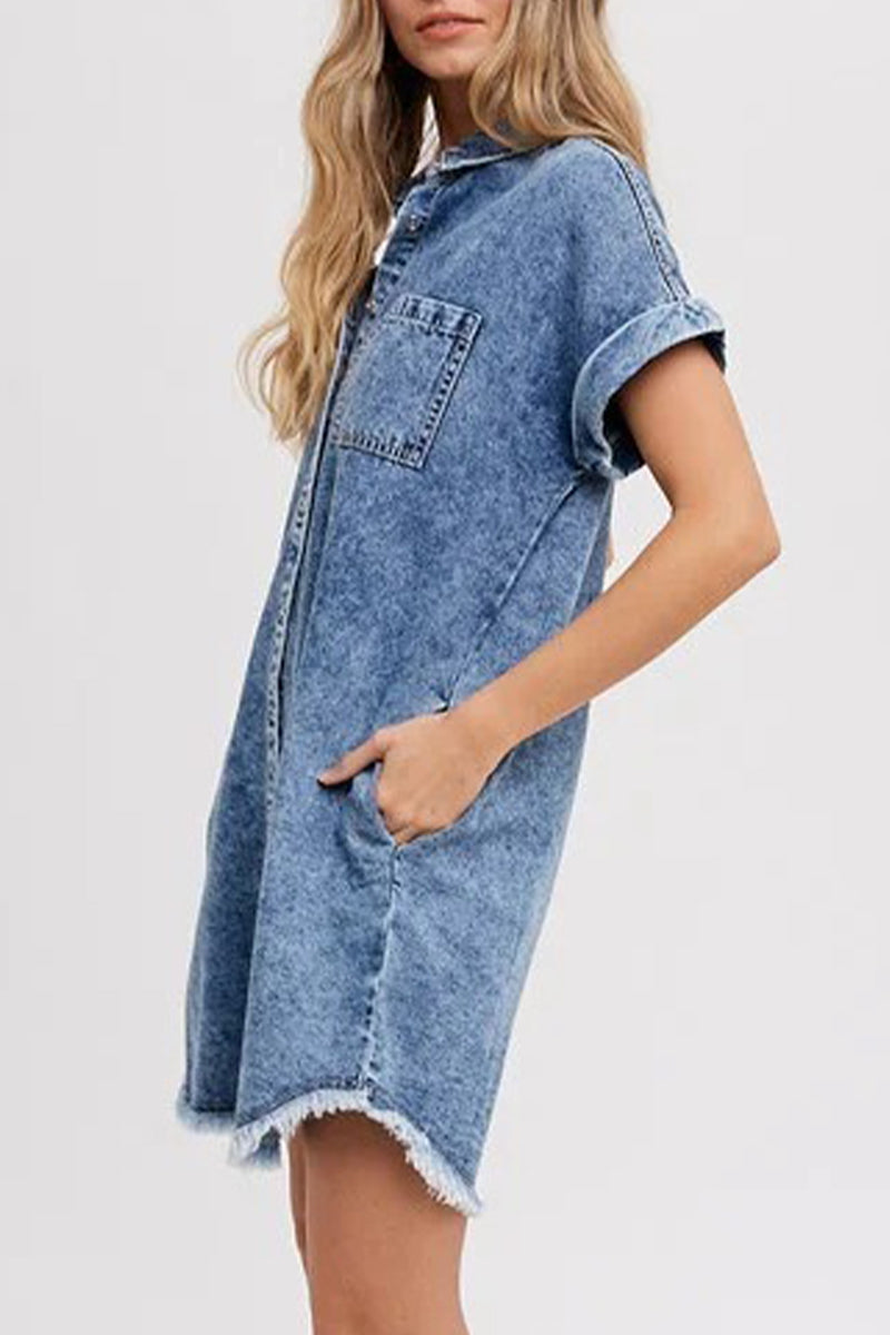 Casual Solid Pocket Turndown Collar Short Sleeve Loose Denim Dresses