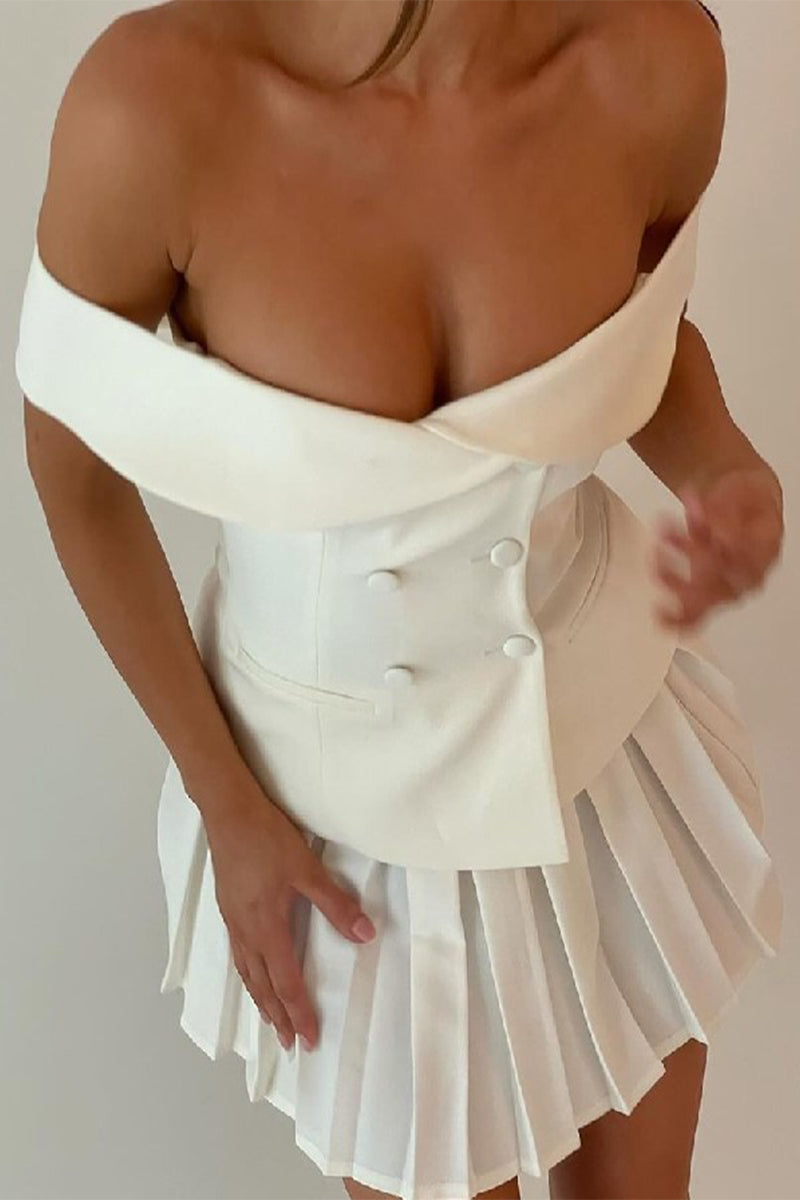 Sexy Celebrities Solid Buckle Backless Pleated Off the Shoulder Two Pieces