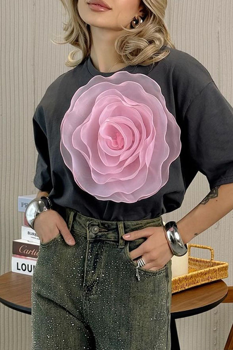 Casual Sweet Solid Flowers O Neck T-Shirts(4 Colors)