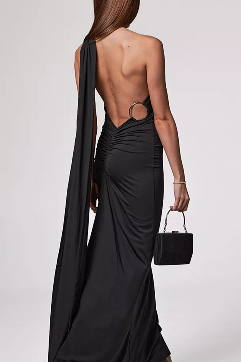 Sexy Solid Backless Fold Scarf Collar Irregular Dresses
