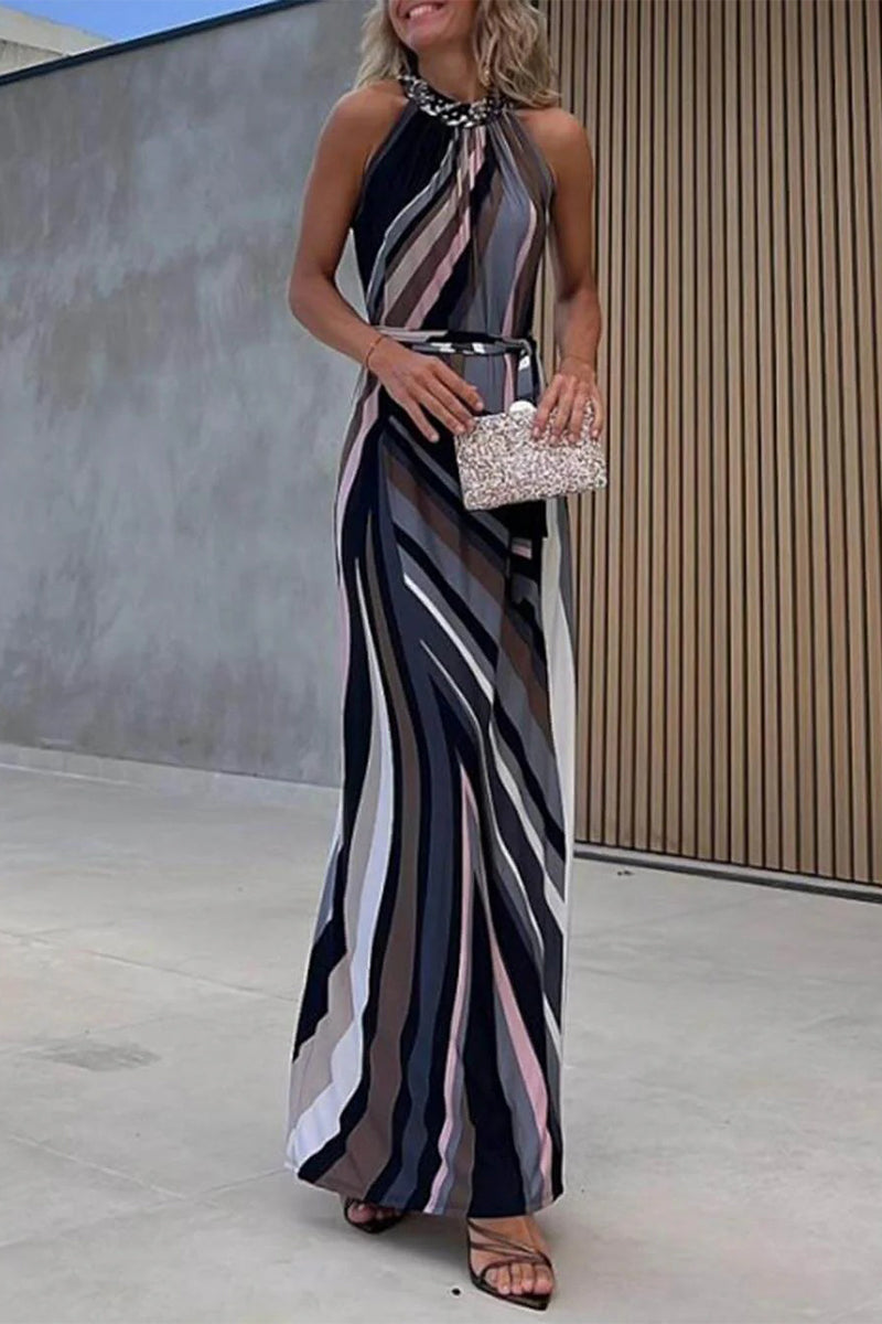 Elegant Geometric Print Bandage Contrast Halter One Step Skirt Dresses