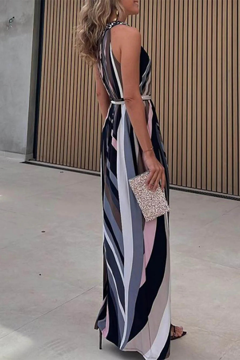 Elegant Geometric Print Bandage Contrast Halter One Step Skirt Dresses