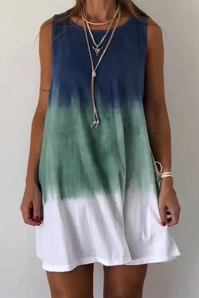 Casual Gradient Print Tie Dye Contrast O Neck Sleeveless Dresses