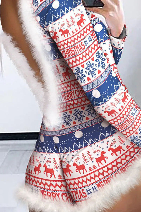 Feather Christmas Print Long Sleeve Backless Rompers