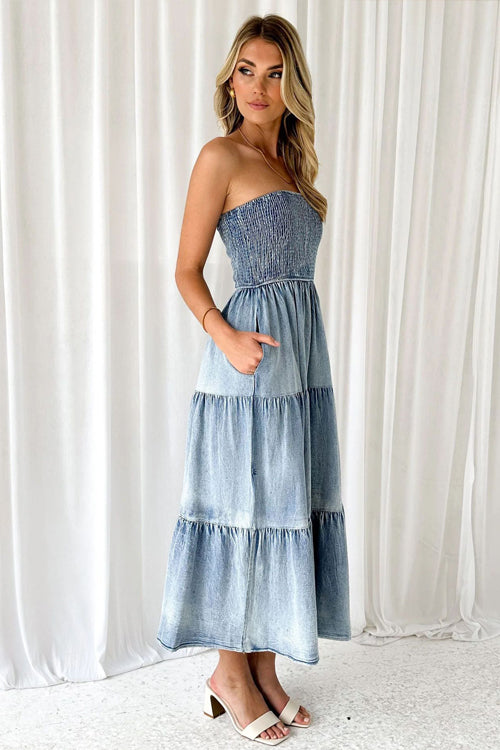 Complete Crush Denim Strapless Pleated Midi Dress