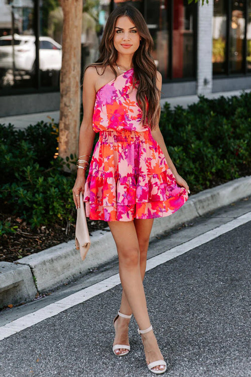 Always Ready One Shoulder Floral Print Mini Dress