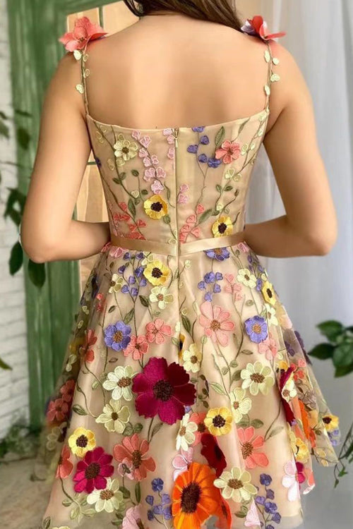 Unique Beauty 3D Floral Embroidered Tie-Strap Mini Dress