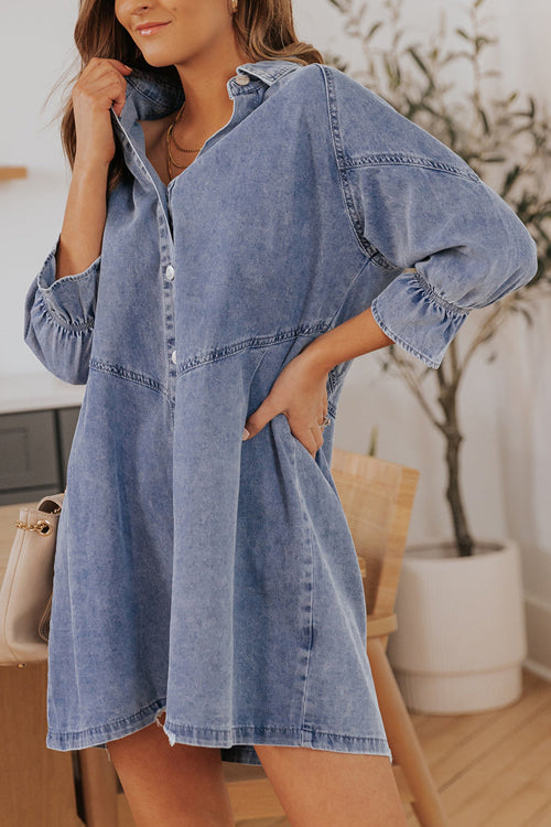 Step Out Half Sleeve Button Down Denim Mini Dress