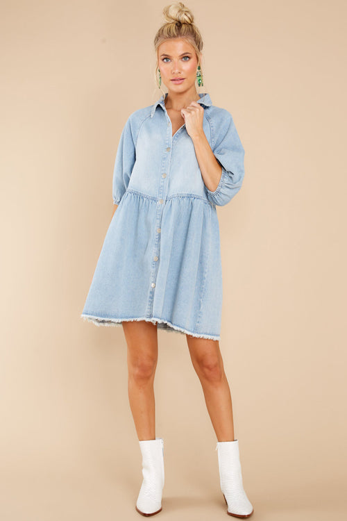 Simply The Love Denim Puff Sleeve Babydoll Mini Dress