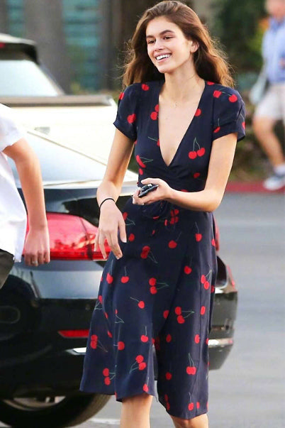 Kaia Gerber Cherry Print Dress Wrap Midi Dress