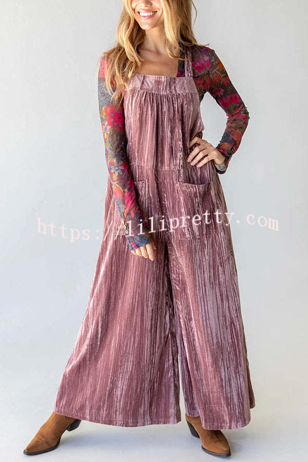 Comfy and Cute Velvet Tie-Back Pocketed Wide Leg Overalls