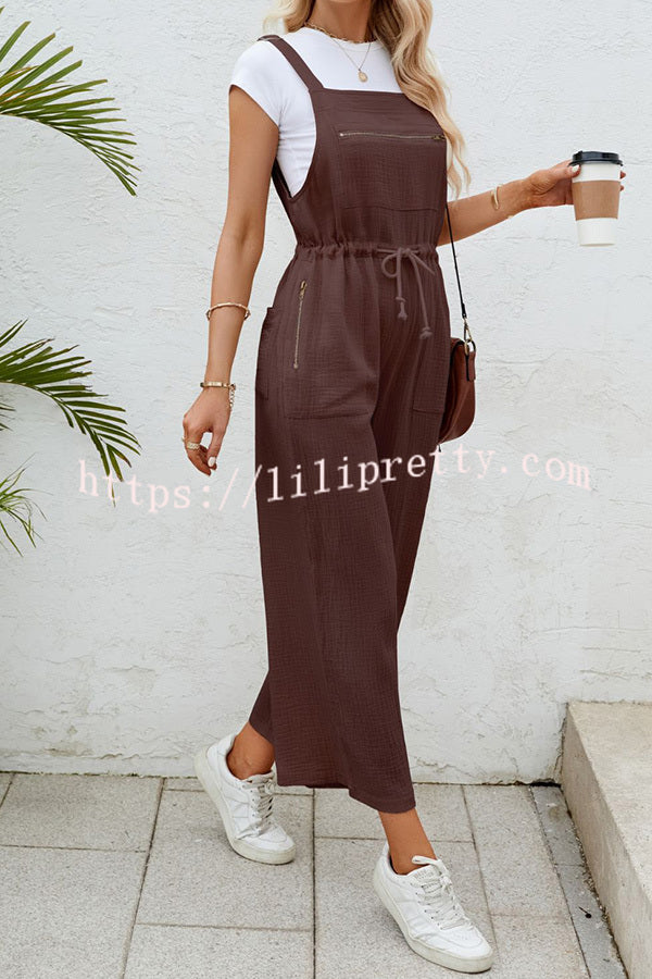 Simple Zippered Pockets Lace-up Pleated Drawstring Jumpsuit