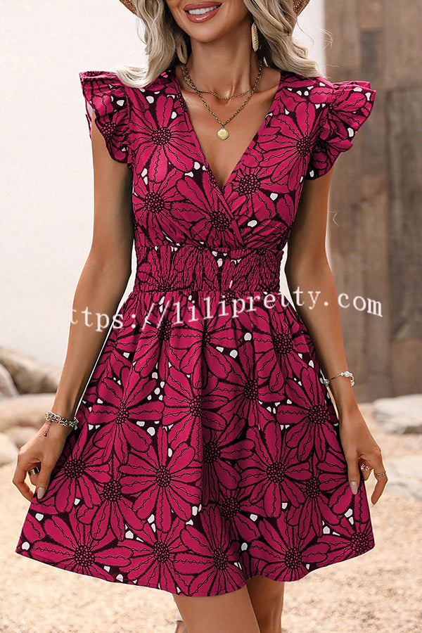 Wonderful Weekend Floral Print Ruffle Sleeve Elastic Waist Mini Dress