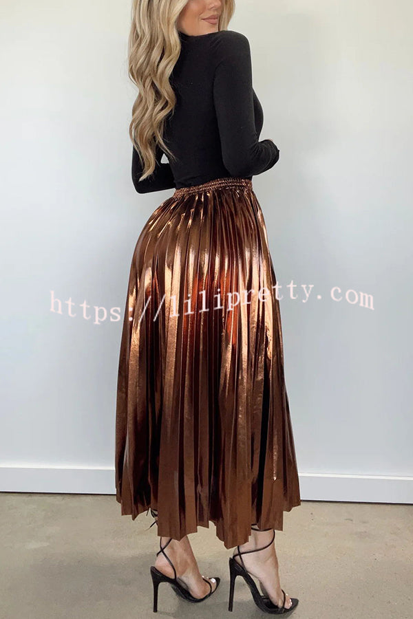 Yuletide Glow  Metallic Fabric Pleated Elastic Waist Midi Skirt