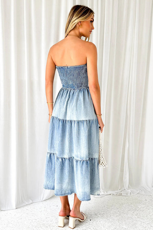 Complete Crush Denim Strapless Pleated Midi Dress