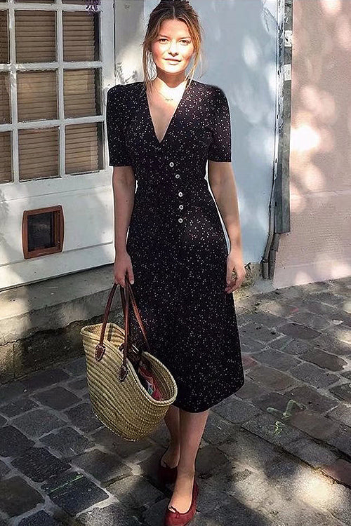 Galaxy Button Vintage Wrap Midi Dress