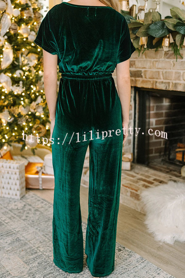Holiday Star Velvet Lace Up Pocket Wide Leg Jumpsuit