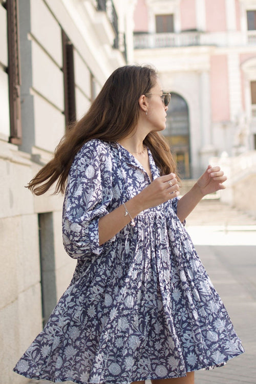 Take Your Joy Printed Babydoll Mini Dress - Blue