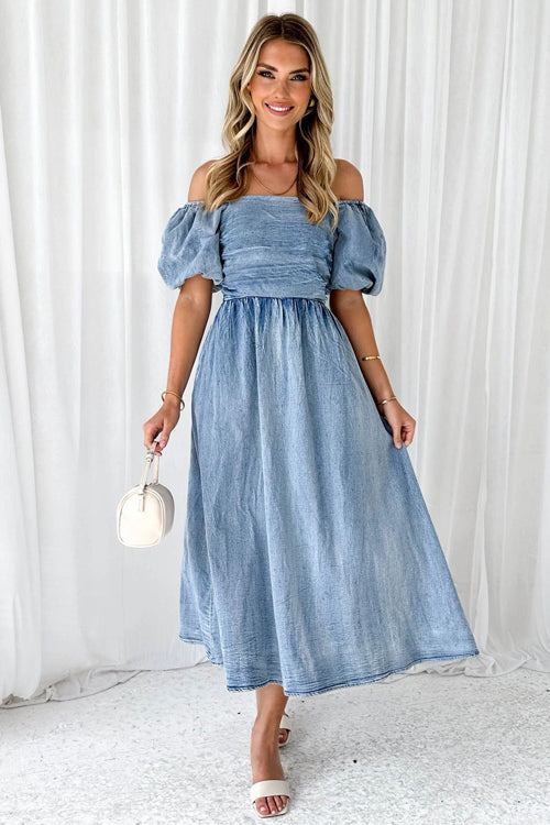 No One Cuter Denim Strapless Midi Dress