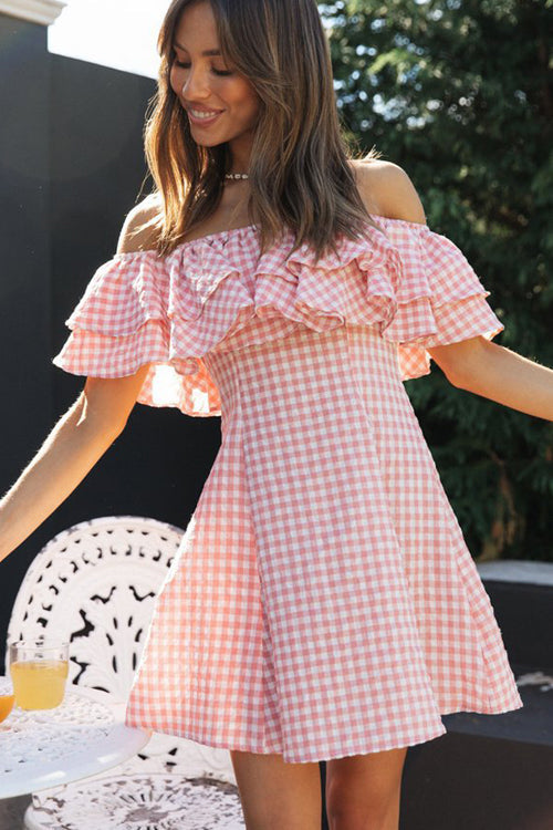 Essentially Sweet Off Shoulder Gingham Mini Dress