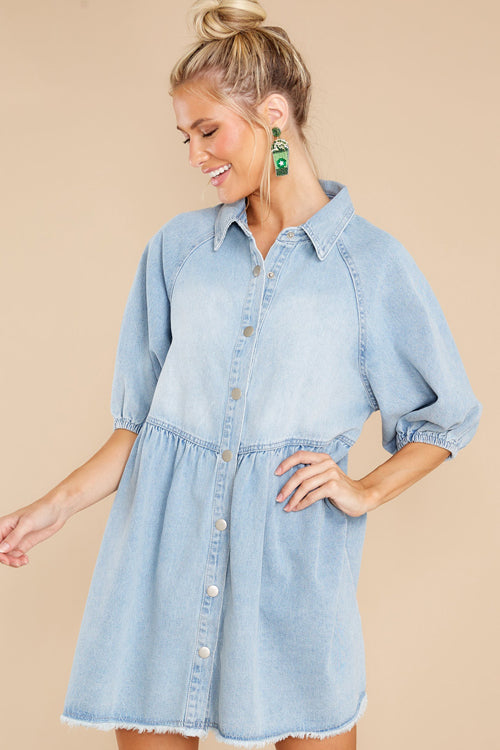 Simply The Love Denim Puff Sleeve Babydoll Mini Dress