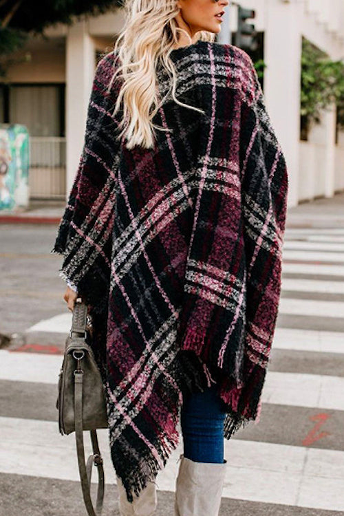 Accomplished Plaid Tassel Print OL Knit Cardigan