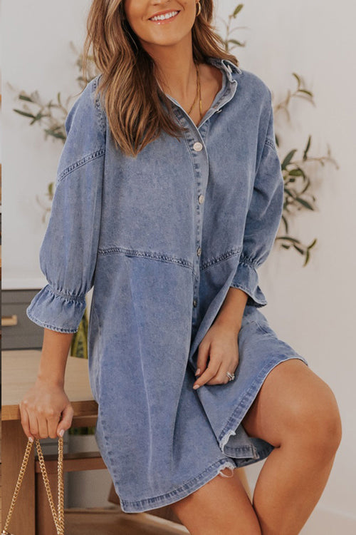 Step Out Half Sleeve Button Down Denim Mini Dress