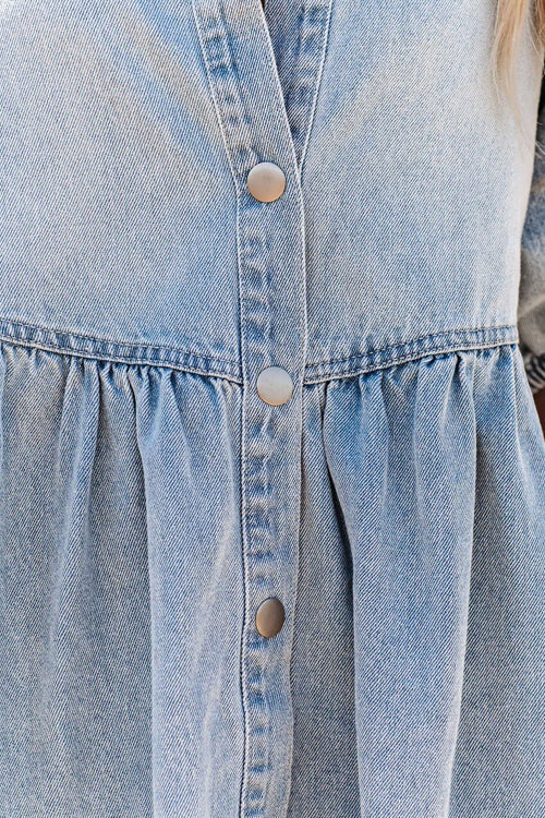 Just For Me Denim Puff Sleeve Babydoll Mini Dress