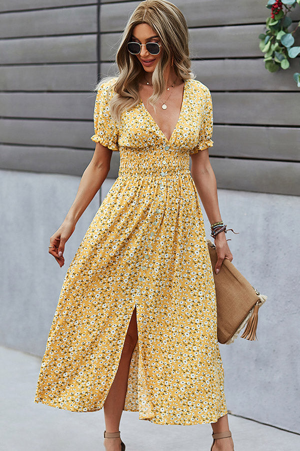 V Neck Smocked Chest Floral Print Maxi Dress