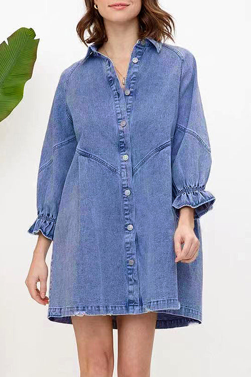 Step Out Half Sleeve Button Down Denim Mini Dress