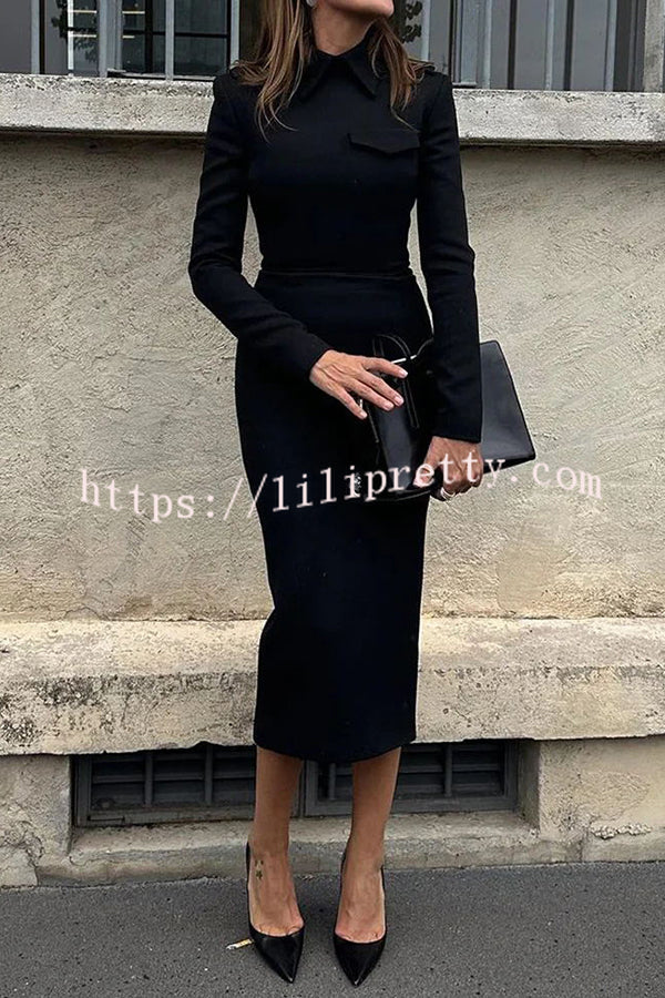 Classic Temperament Turn Down Collar Long Sleeve Formal Midi Dress