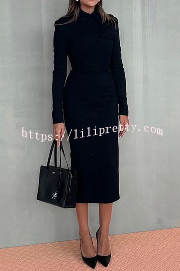 Classic Temperament Turn Down Collar Long Sleeve Formal Midi Dress