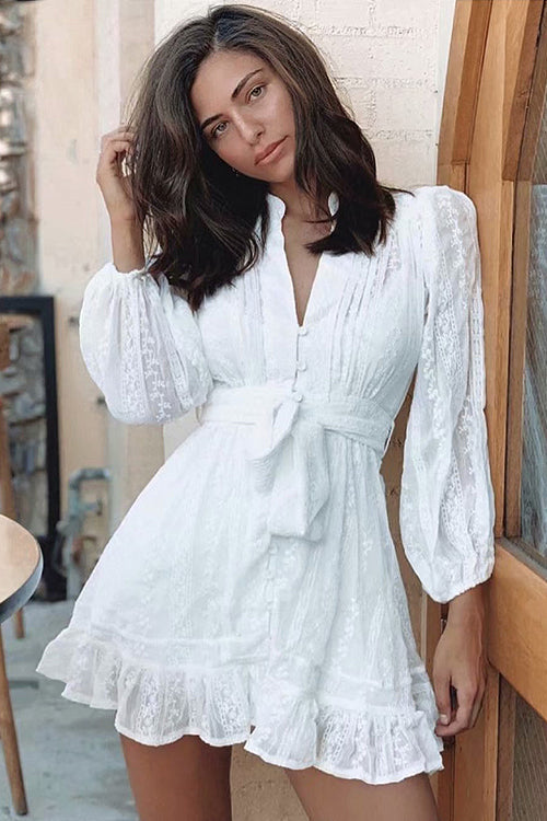 Adorable Darling White Crochet Lace Long Sleeve Mini Dress