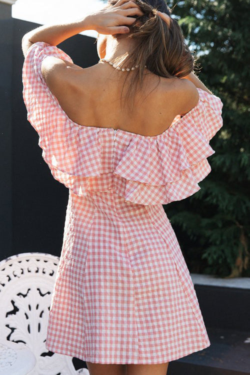 Essentially Sweet Off Shoulder Gingham Mini Dress