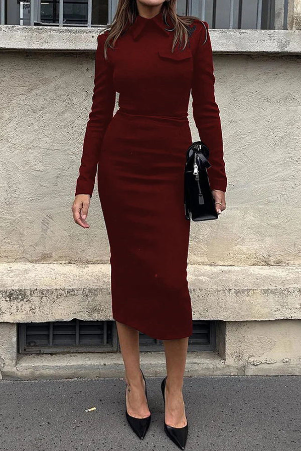 Classic Temperament Turn Down Collar Long Sleeve Formal Midi Dress