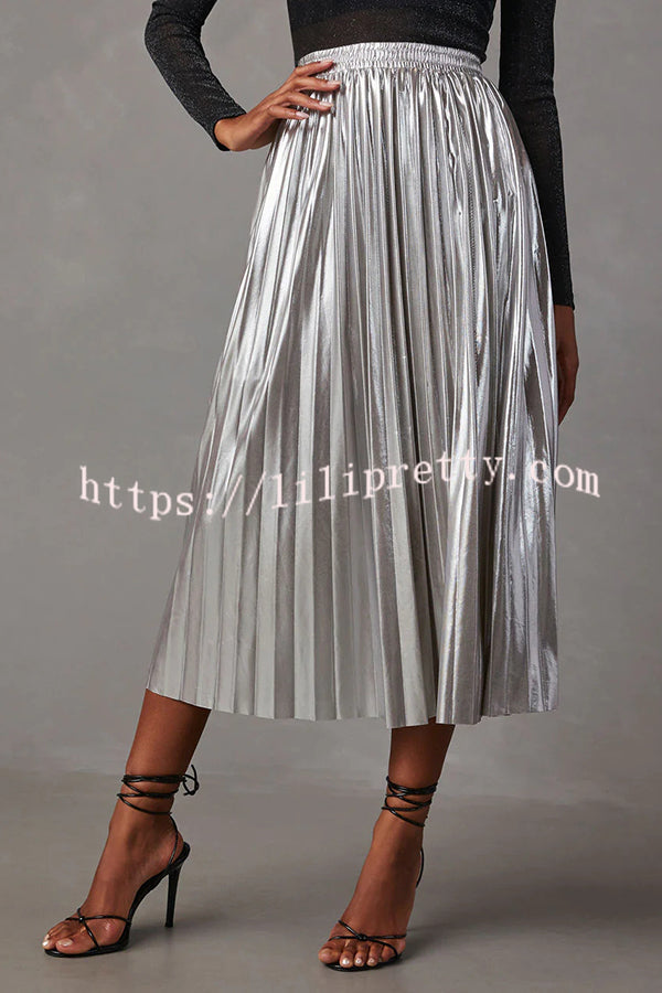 Yuletide Glow  Metallic Fabric Pleated Elastic Waist Midi Skirt