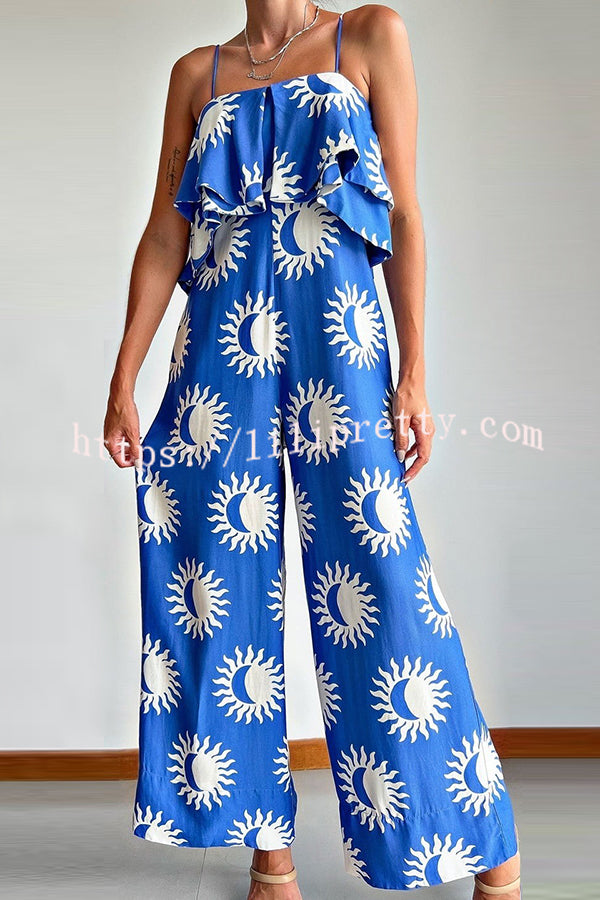 Lilipretty Sun and Moon Linen Blend Unique Print Ruffle Bust Pocket Wide Leg Jumpsuit