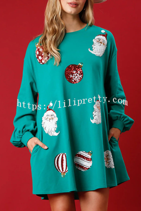 Santa Sequin Pullover Long Sleeve Pocket Mini Dress