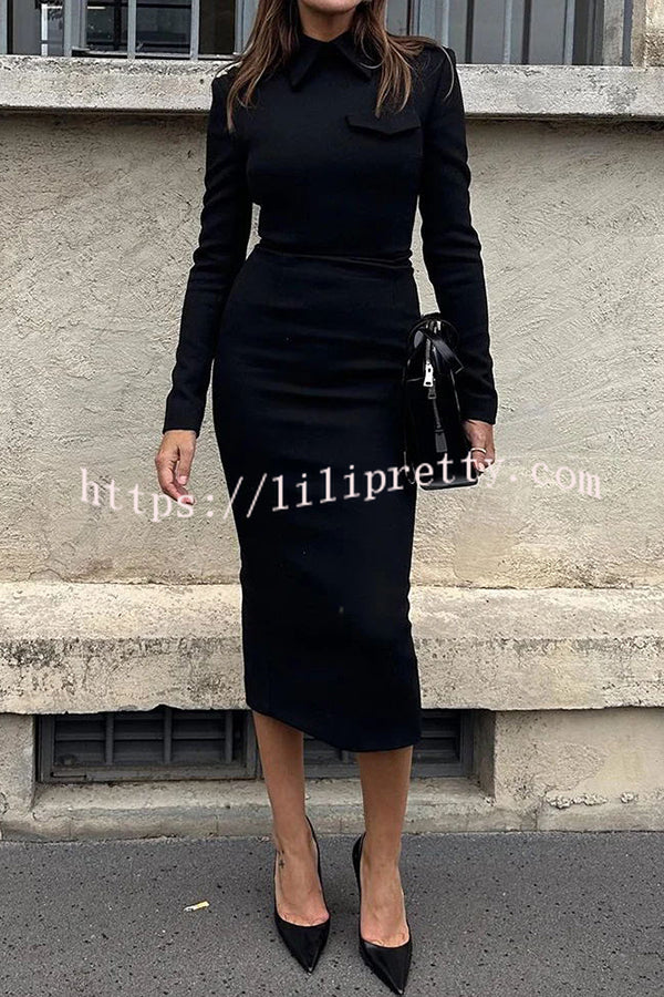 Classic Temperament Turn Down Collar Long Sleeve Formal Midi Dress