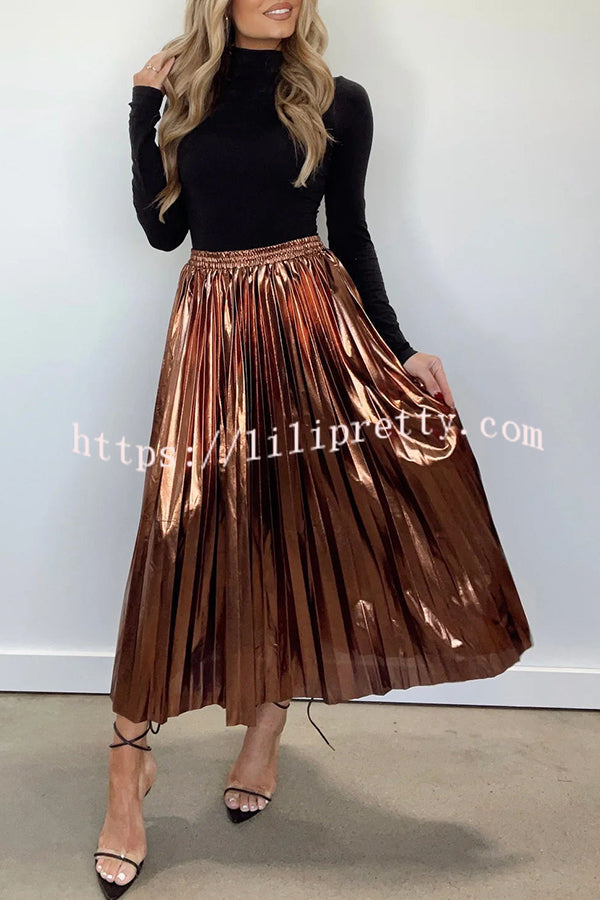 Yuletide Glow  Metallic Fabric Pleated Elastic Waist Midi Skirt