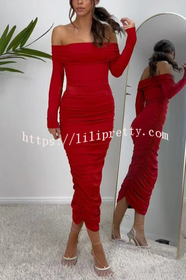 Desirable Beauty Off Shoulder Long Sleeve Ruched Stretch Maxi Dress