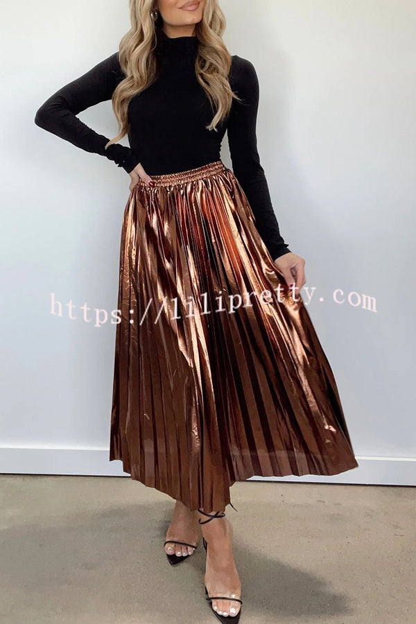 Yuletide Glow  Metallic Fabric Pleated Elastic Waist Midi Skirt