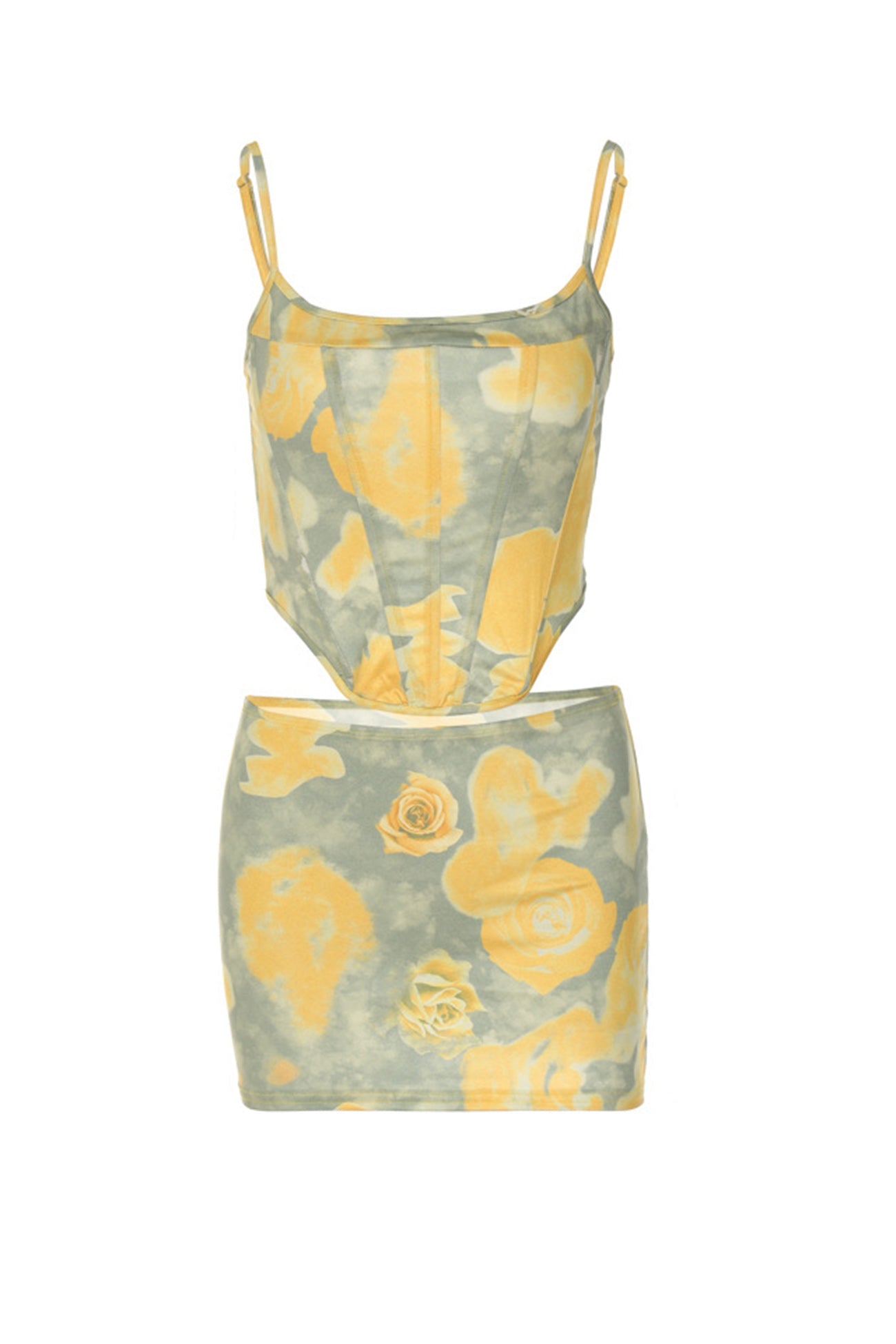 Yellow Square Neck Printed Corset Crop Top Skirt Suits