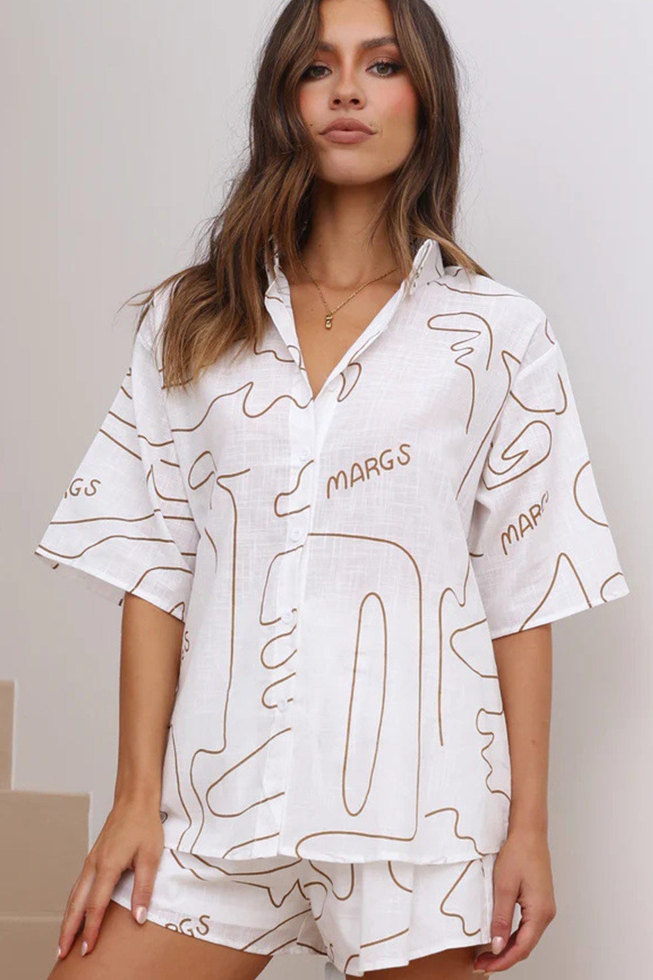 Abstract Line Print Shirt Two Piece Shorts Set