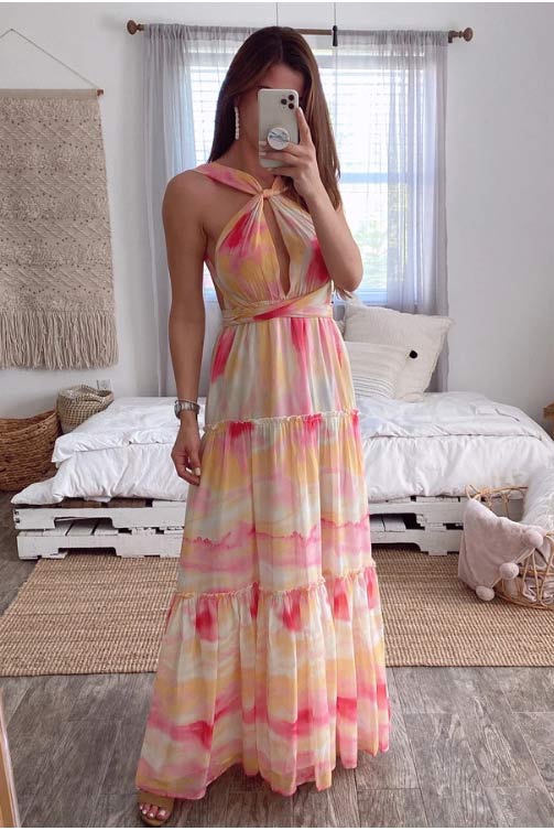 Backless A-Line Chiffon Maxi Dress 