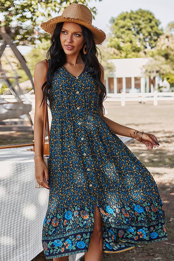 Bohemian V-Neck Printed Gathered Waist Midi Dress