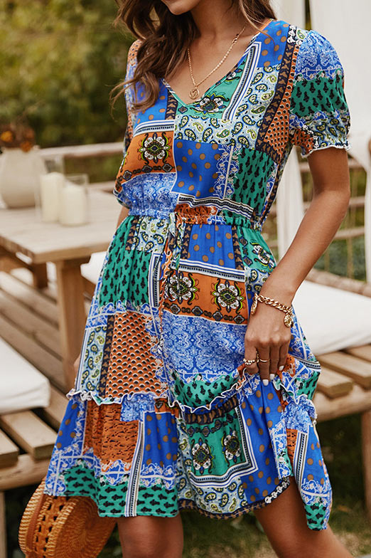 Boho V-neck Printed Summer Dress - Mislish