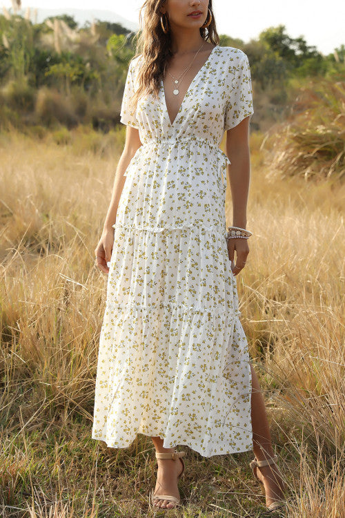 Boho V-neck Ruffled Floral Maxi Dress - Mislish