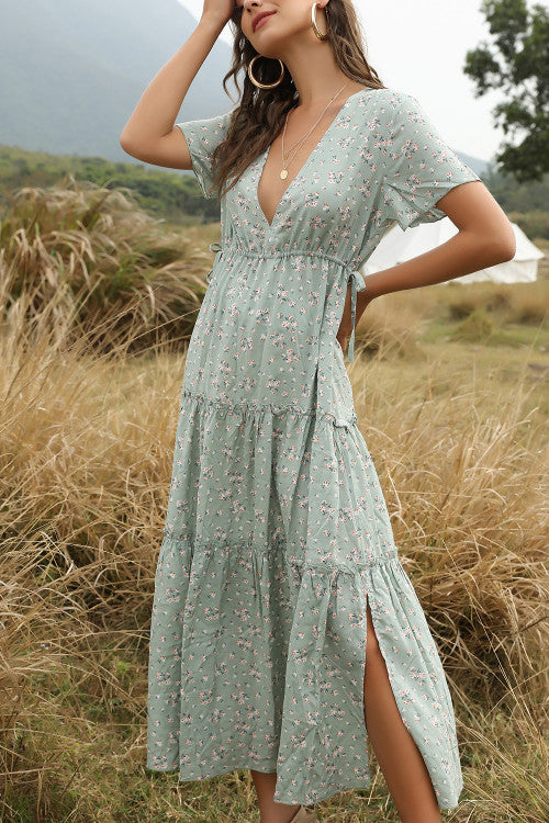 Boho V-neck Ruffled Floral Maxi Dress - Mislish